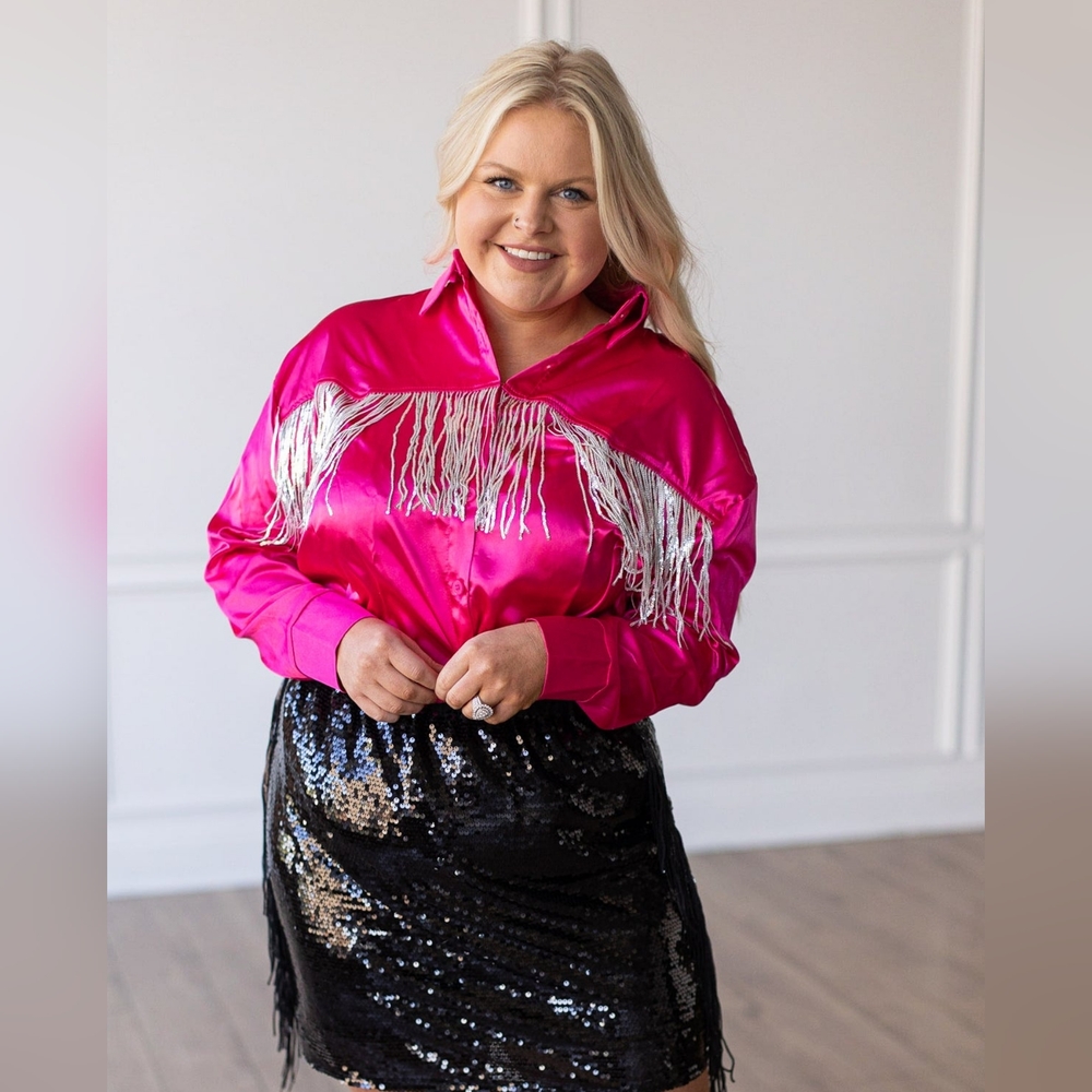 Southern Grace Fuchsia Satin Fringe Button-Up Blouse